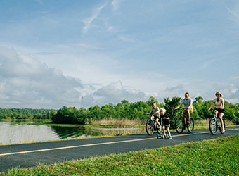 Family riding bikes on trail